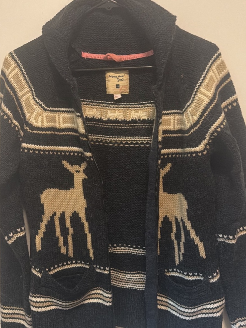 Revamped Blue and Cream Deer-Patterned Knit Sweater